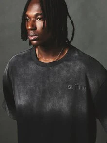 SUMWON Oversized Boxy Crop Washed T-Shirt With Crew Neck Short Sleeves And Tonal Chest Logo Print Vintage Faded Look - Black - View 3