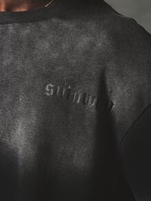 SUMWON Oversized Boxy Crop Washed T-Shirt With Crew Neck Short Sleeves And Tonal Chest Logo Print Vintage Faded Look - Black - View 2