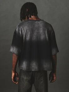 SUMWON Oversized Boxy Crop Washed T-Shirt With Crew Neck Short Sleeves And Tonal Chest Logo Print Vintage Faded Look - Black - View 4