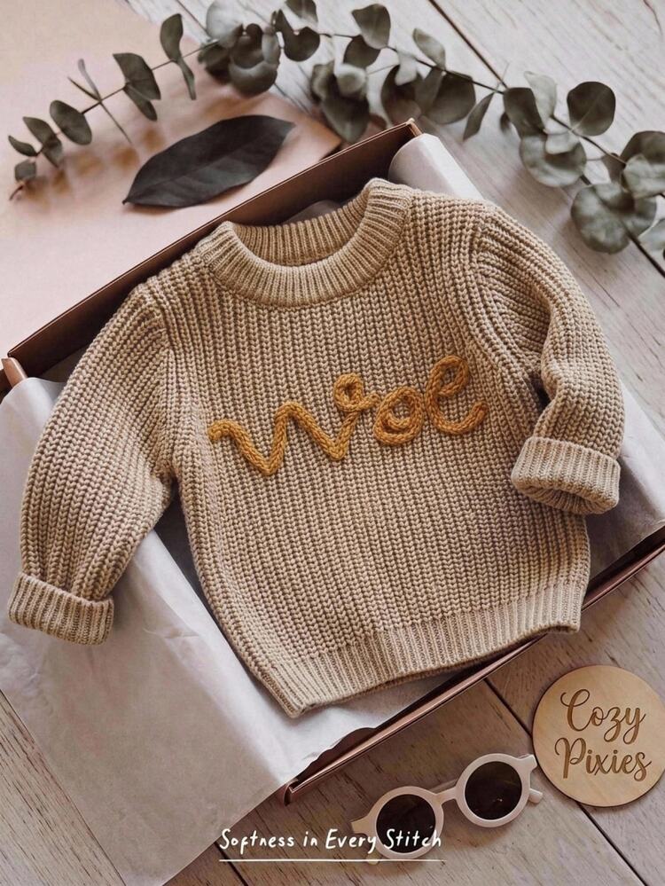 SHEIN Vintaside Kids Infant/Toddler (Boy) Khaki Embroidered Line Pattern Pullover Long Sleeve Sweater, Suitable For Autumn/Winter, Can Be Worn As Inner Layer With Padded Coat Or Alone - Khaki - View 1
