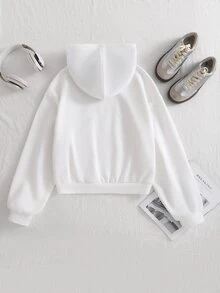 SHEIN 青少年女孩長袖秋冬純色時尚可愛街頭風蝴蝶結衛衣外套，抓絨面料，青春風格 - 白色 - 查看 3