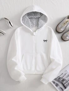 SHEIN 青少年女孩長袖秋冬純色時尚可愛街頭風蝴蝶結衛衣外套，抓絨面料，青春風格 - 白色 - 查看 7