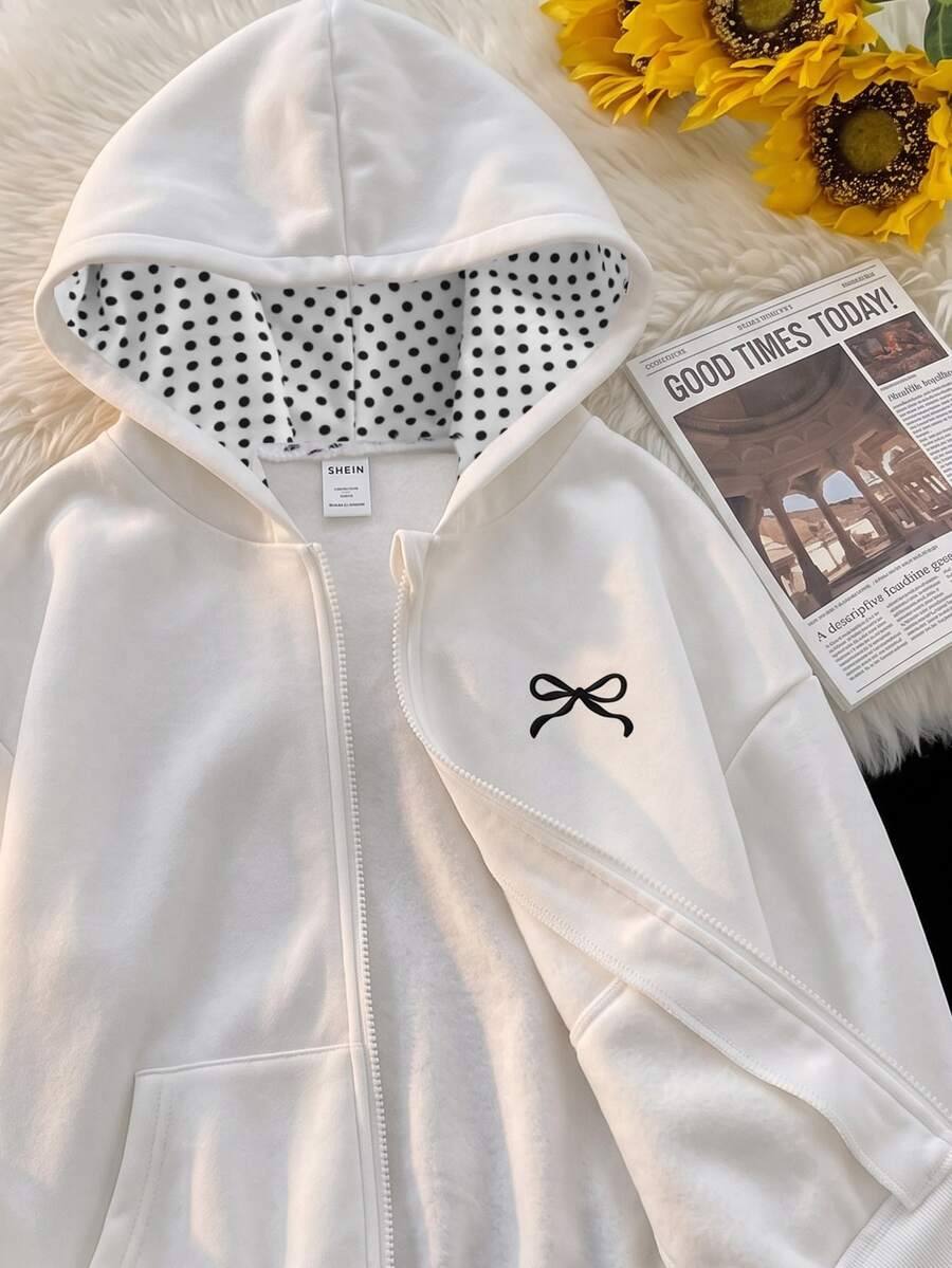 SHEIN 青少年女孩長袖秋冬純色時尚可愛街頭風蝴蝶結衛衣外套，抓絨面料，青春風格