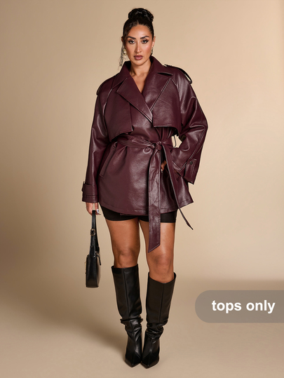 SHEIN BAE CURVE Plus Size Burgundy PU Belt Jacket,Fashionable Women's Burgundy Faux Leather Wrap Jacket With Wide Sleeves And Adjustable Belt Halloween