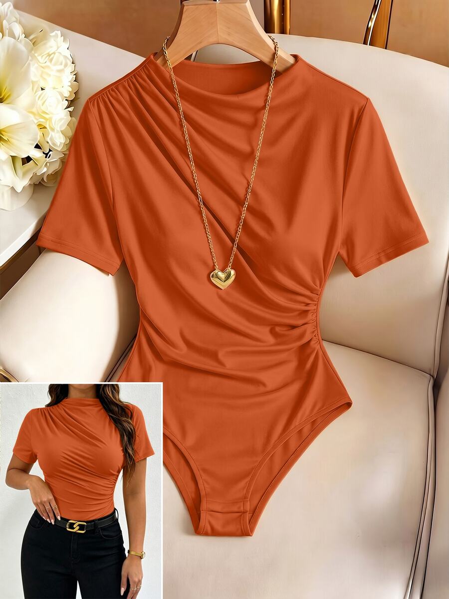 SHEIN Clasi Plus Size Women's Spring/Summer Solid Color Fashion Elegant Stretchy Fabric Bodysuit, Asymmetric Design, Ruched Design, Round Neck Short Sleeve, Commute Daily Versatile - Orange - View 1