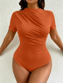 SHEIN Clasi Plus Size Women's Spring/Summer Solid Color Fashion Elegant Stretchy Fabric Bodysuit, Asymmetric Design, Ruched Design, Round Neck Short Sleeve, Commute Daily Versatile - Orange - View 7