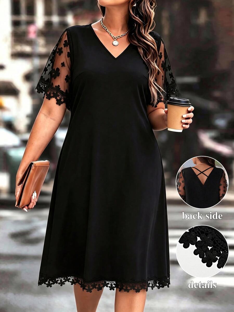 Breezaya Women Plus Size Summer Casual Contrast Mesh Dress - Black - View 1