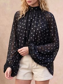 女款純色波點優雅雪紡面料立領寬鬆後綁帶襯衫，適合度假、海灘、春秋穿著，黑色，法式女孩風 - 黑色 - 查看 6