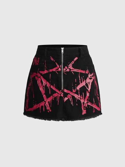 Mini-jupe en jean gothique rouge à imprimé éclaboussures pour femmes, design avec fermeture éclair avant, ourlet brut, denim noir lavé, coupe trapèze ultra, style punk rock de rue Y2K