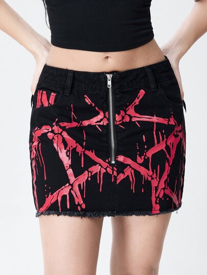Mini-jupe en jean gothique rouge à imprimé éclaboussures pour femmes, design avec fermeture éclair avant, ourlet brut, denim noir lavé, coupe trapèze ultra, style punk rock de rue Y2K