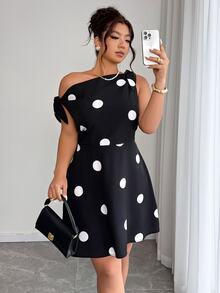Elenzga Plus Size Women's Elegant Polka Dot Woven Bowknot Design Waist Cinched Asymmetric Hem A-Line Dress Elegant - Black and White - View 4