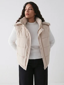 YARNWELL Plus Size Women Solid Color Hooded Casual Versatile Winter Padded Vest - Apricot - View 3