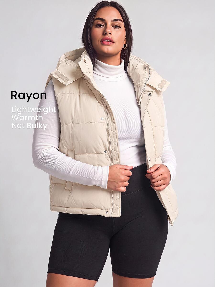 YARNWELL Plus Size Women Solid Color Hooded Casual Versatile Winter Padded Vest - Apricot - View 1