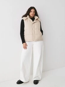 YARNWELL Plus Size Women Solid Color Hooded Casual Versatile Winter Padded Vest - Apricot - View 8