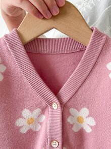 SHEIN 女嬰花卉圖案針織長袖開襟衫，可愛百搭，粉色開襟衫，適合外出、派對、防曬，1件隨機發貨 - 粉色 - 查看 3