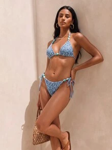 Daynim 女款優雅紋理掛脖串珠比基尼套裝，側綁帶泳褲，露背綁帶泳衣，適合海灘度假夏季 - 彩色 - 查看 2