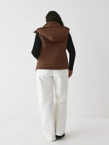 YARNWELL Plus Size Casual Versatile Sleeveless Hooded Jacket, Autumn/Winter - Coffee Brown - View 2