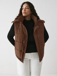 YARNWELL Plus Size Casual Versatile Sleeveless Hooded Jacket, Autumn/Winter - Coffee Brown - View 4