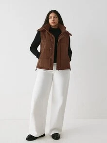 YARNWELL Plus Size Casual Versatile Sleeveless Hooded Jacket, Autumn/Winter - Coffee Brown - View 3