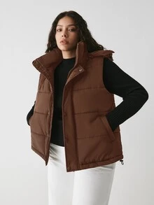 YARNWELL Plus Size Casual Versatile Sleeveless Hooded Jacket, Autumn/Winter - Coffee Brown - View 8
