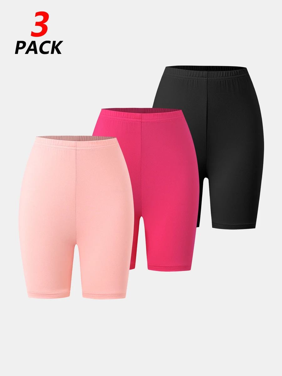 SHEIN 3条/包 女童百搭日常穿着弹力多功能黑色打底裤 - 彩色 - 查看 1