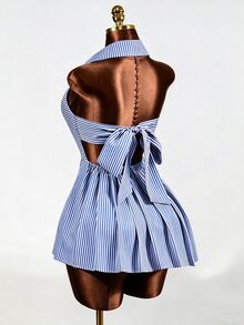 Mistrie Summer Casual Striped Pleated Backless Halter Mini Dress - Royal Blue - View 5