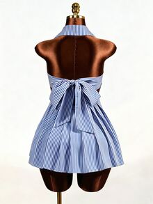 Mistrie Summer Casual Striped Pleated Backless Halter Mini Dress - Royal Blue - View 2