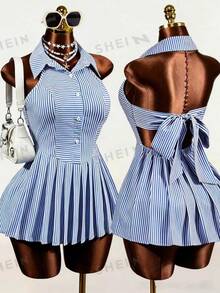Mistrie Summer Casual Striped Pleated Backless Halter Mini Dress - Royal Blue - View 8