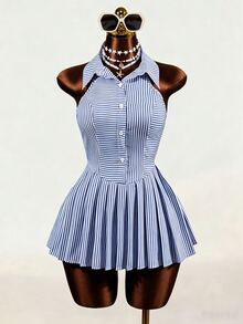 Mistrie Summer Casual Striped Pleated Backless Halter Mini Dress - Royal Blue - View 3