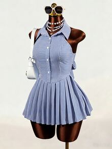 Mistrie Summer Casual Striped Pleated Backless Halter Mini Dress - Royal Blue - View 4
