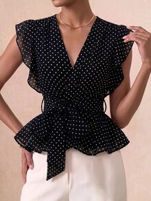 Daynim 女士夏季波点V领优雅衬衫，松紧腰带设计，荷叶边下摆，法式沙滩度假风上衣 - 黑色 - 查看 5