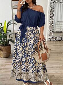 Weeklong Plus Size Women Vacation Geometric Print Asymmetric Neck Dress, Asymmetric Hem Elegant - Multicolor - View 4