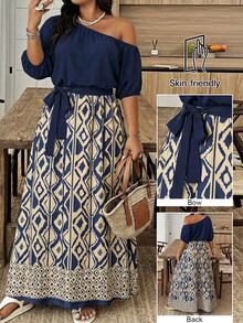 Weeklong Plus Size Women Vacation Geometric Print Asymmetric Neck Dress, Asymmetric Hem Elegant - Multicolor - View 1