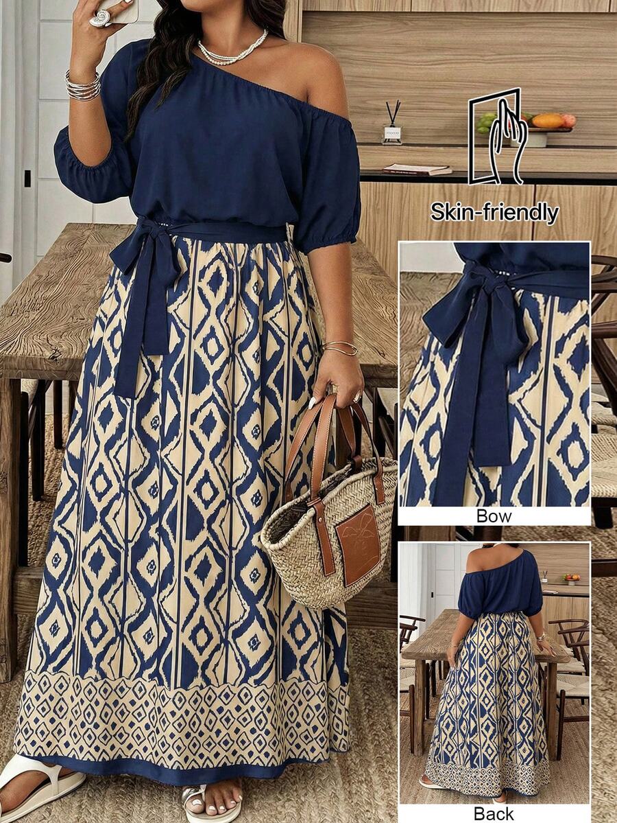 Weeklong Plus Size Women Vacation Geometric Print Asymmetric Neck Dress, Asymmetric Hem Elegant - Multicolor - View 1