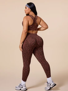 Rhythm Era Women's Leopard Print Cross Back Tank Top And Pants Sportswear Set - Brown - View 2