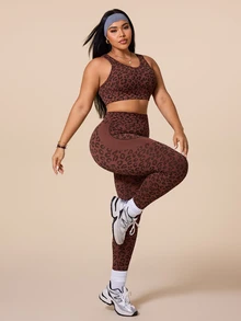 Rhythm Era Women's Leopard Print Cross Back Tank Top And Pants Sportswear Set - Brown - View 5