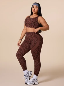 Rhythm Era Women's Leopard Print Cross Back Tank Top And Pants Sportswear Set - Brown - View 3