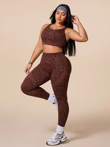 Rhythm Era Women's Leopard Print Cross Back Tank Top And Pants Sportswear Set - Brown - View 4