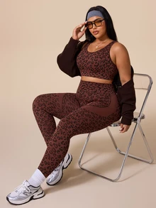 Rhythm Era Women's Leopard Print Cross Back Tank Top And Pants Sportswear Set - Brown - View 7
