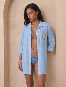 Daynim Women's White Coconut Tree Button Casual Vacation Beach Kimono Cover Up - Baby Blue - View 7