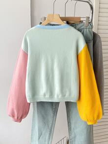SHEIN Teen Girl Teen Girls Contrast Color V-Neck Cardigan Short Loose Fit Dropped Shoulder Long Sleeve Autumn Sweater, Color Block Cardigan, Suitable For Preppy Style, Autumn - Multicolor - View 5