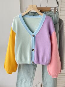 SHEIN Teen Girl Teen Girls Contrast Color V-Neck Cardigan Short Loose Fit Dropped Shoulder Long Sleeve Autumn Sweater, Color Block Cardigan, Suitable For Preppy Style, Autumn - Multicolor - View 4
