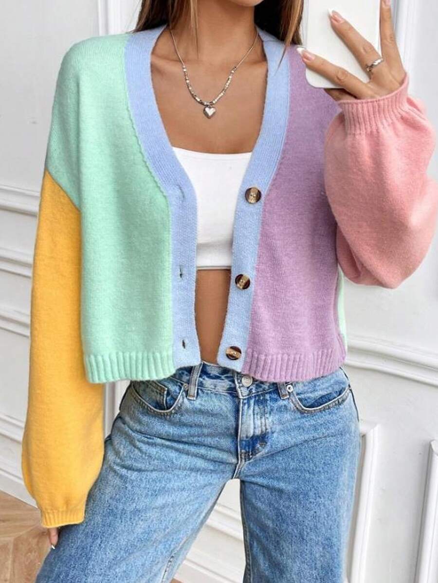 SHEIN Teen Girl Teen Girls Contrast Color V-Neck Cardigan Short Loose Fit Dropped Shoulder Long Sleeve Autumn Sweater, Color Block Cardigan, Suitable For Preppy Style, Autumn - Multicolor - View 1