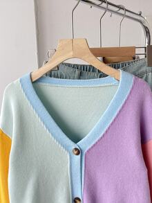 SHEIN Teen Girl Teen Girls Contrast Color V-Neck Cardigan Short Loose Fit Dropped Shoulder Long Sleeve Autumn Sweater, Color Block Cardigan, Suitable For Preppy Style, Autumn - Multicolor - View 6