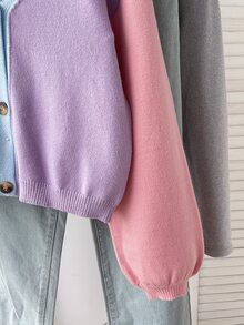 SHEIN Teen Girl Teen Girls Contrast Color V-Neck Cardigan Short Loose Fit Dropped Shoulder Long Sleeve Autumn Sweater, Color Block Cardigan, Suitable For Preppy Style, Autumn - Multicolor - View 3