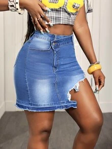 BamGleam Women's Asymmetric Waistband Pocket Distressed Raw Hem Denim Skirt - Blue - View 5