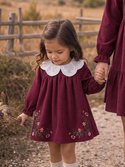 SHEIN Gaun Bayi Perempuan Lucu Bermotif Bunga Berbahan Korduroi dengan Kerah Peter Pan untuk Musim Gugur