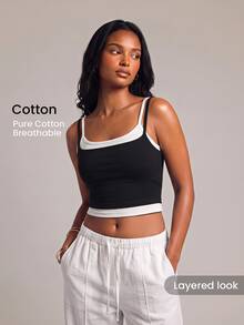 YARNWELL Women's Solid Color Fitted Casual Versatile Camisole - Black - View 2