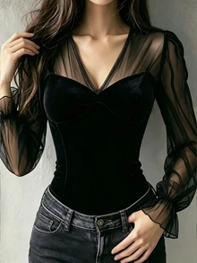 SHEIN Fiorisel Latest Women's French Vintage Velvet & Mesh Patchwork V-Neck Top, Featuring Velvet And Mesh Contrast Design, Slim-Fit Velvet Body With Sheer Mesh Lantern Sleeves And Ruffle Cuffs, Creating A Gentle Atmosphere, Suitable For Dating, Commuting, Light French Style Outfits, Versatile High-End Top - Black - View 4