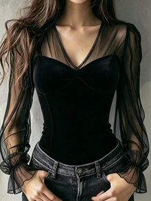 SHEIN Fiorisel Latest Women's French Vintage Velvet & Mesh Patchwork V-Neck Top, Featuring Velvet And Mesh Contrast Design, Slim-Fit Velvet Body With Sheer Mesh Lantern Sleeves And Ruffle Cuffs, Creating A Gentle Atmosphere, Suitable For Dating, Commuting, Light French Style Outfits, Versatile High-End Top - Black - View 1